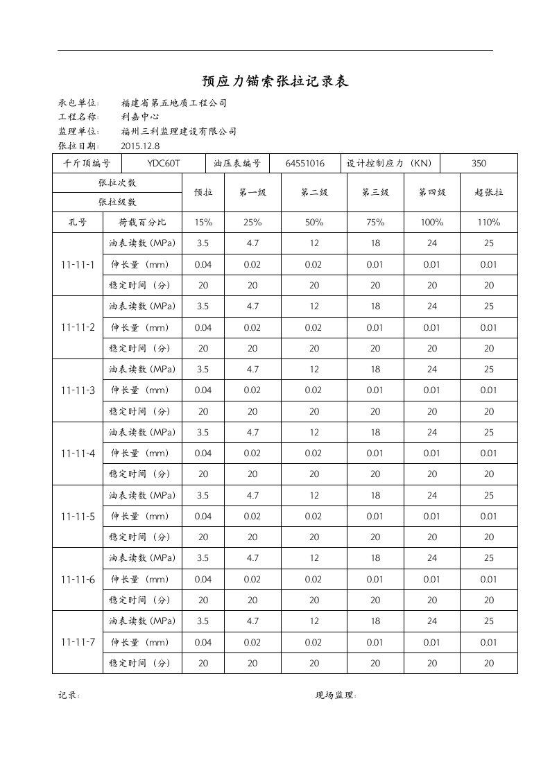 预应力锚索张拉记录文稿表