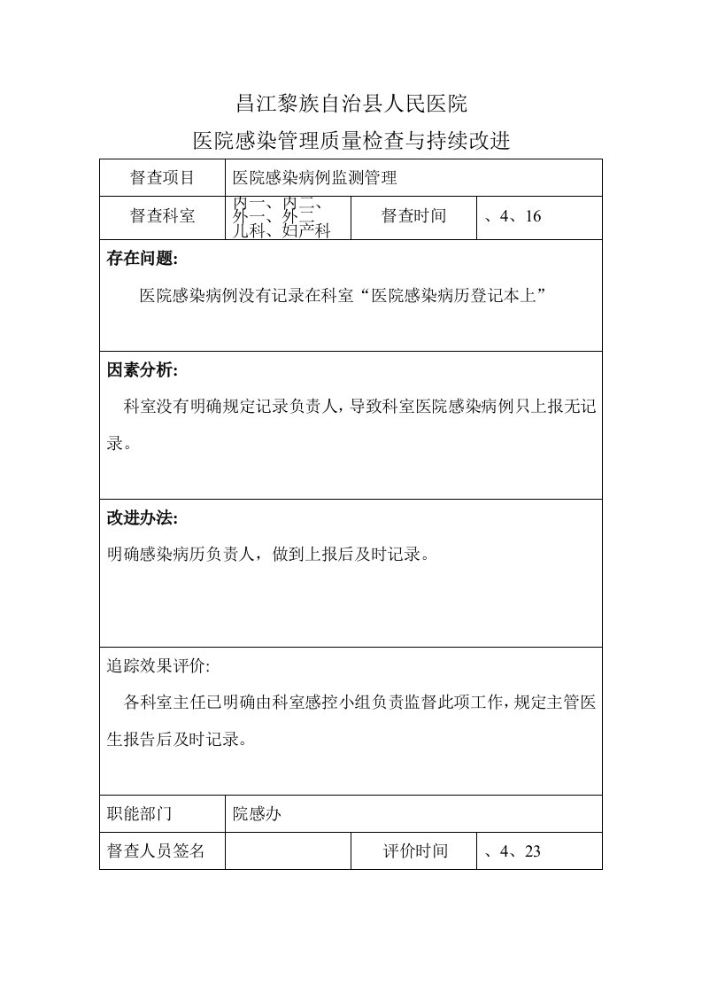 院科两级医院感染管理组织对相关制度落实情况有监督检查对发现问题及缺陷及时反馈有持续改进措施