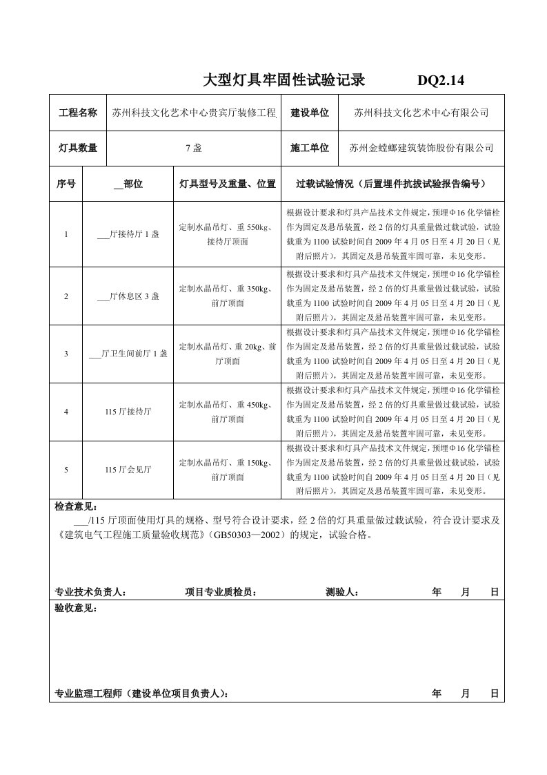 大型灯具牢固性试验纪录