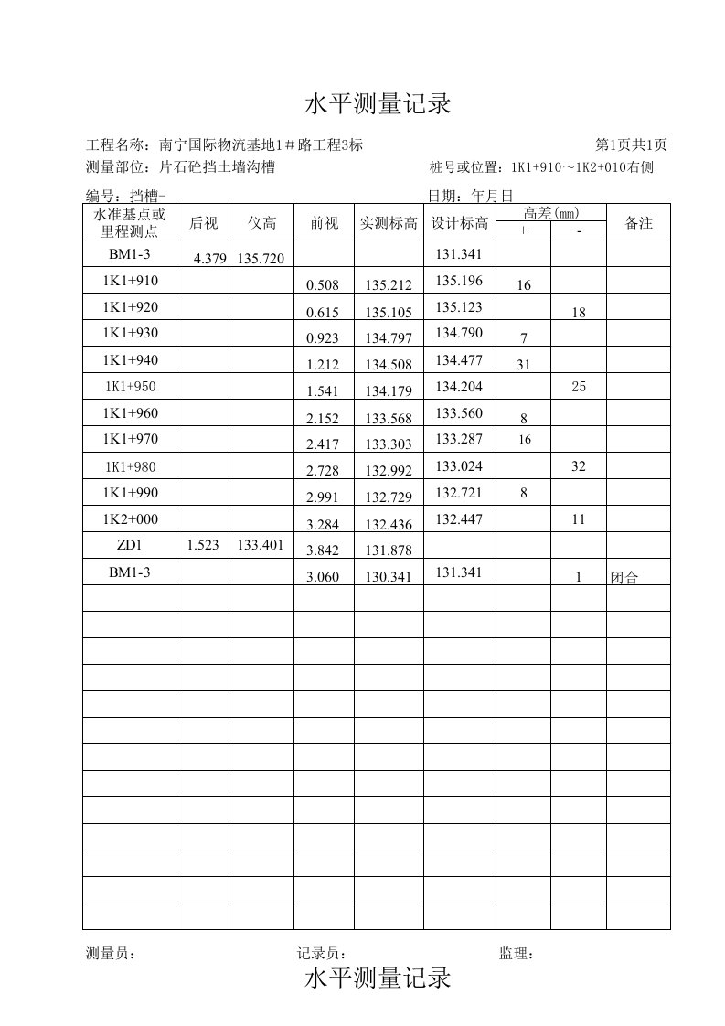 建筑工程-水平测量记录1