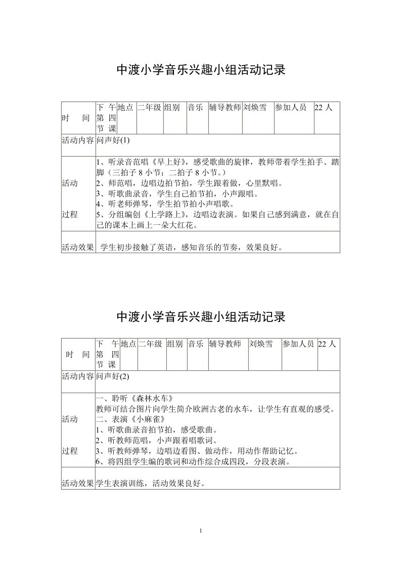 小学音乐兴趣小组活动记录