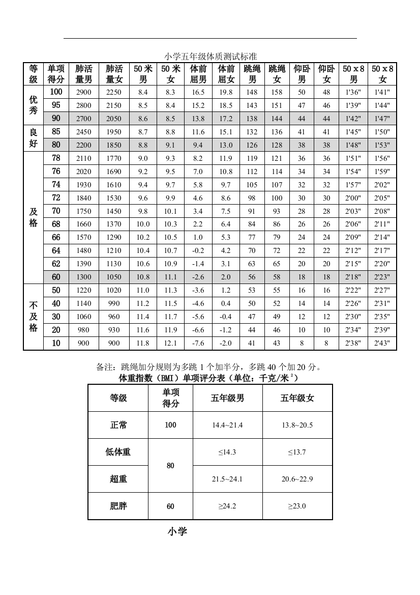 小学五年级体质测试标准全完整版