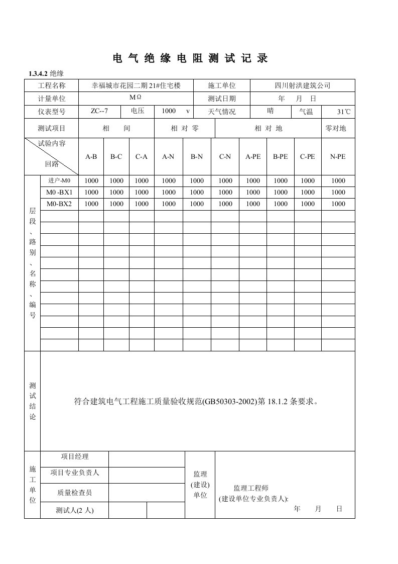 电气绝缘电阻测试记录