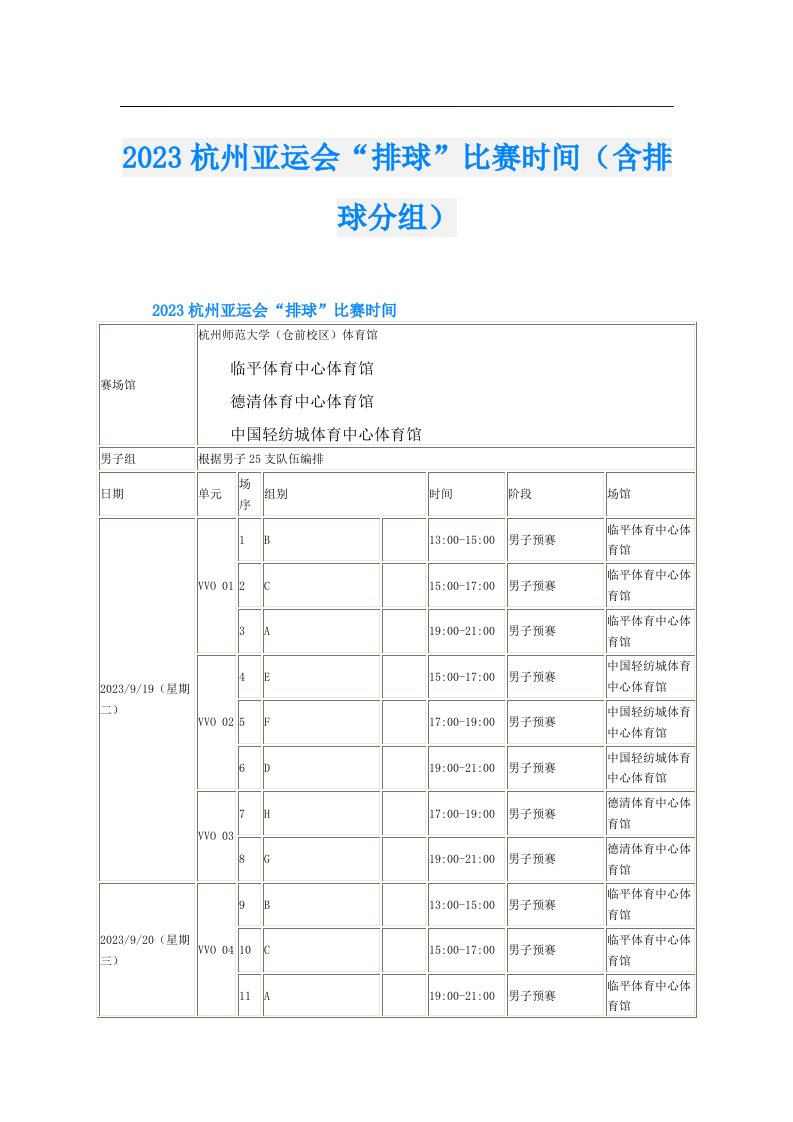 杭州亚运会“排球”比赛时间（含排球分组）