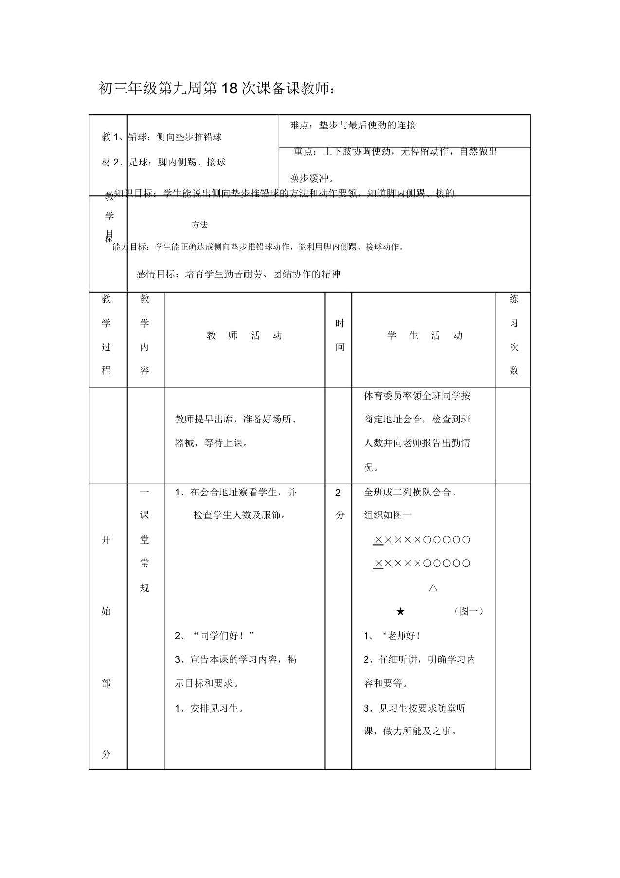 初三体育与健康教案集：铅球：侧向垫步推铅球(3)