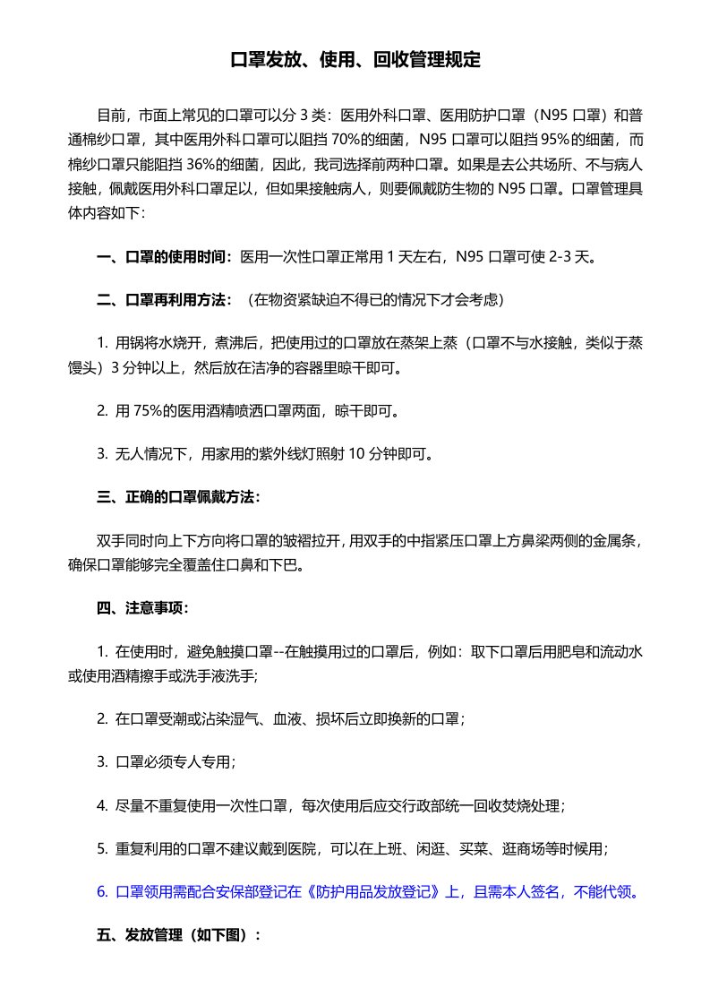 《口罩发放、使用、回收管理规定》