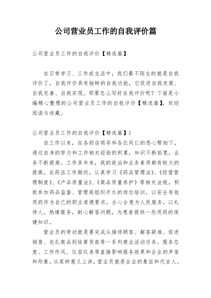 公司营业员工作的自我评价篇