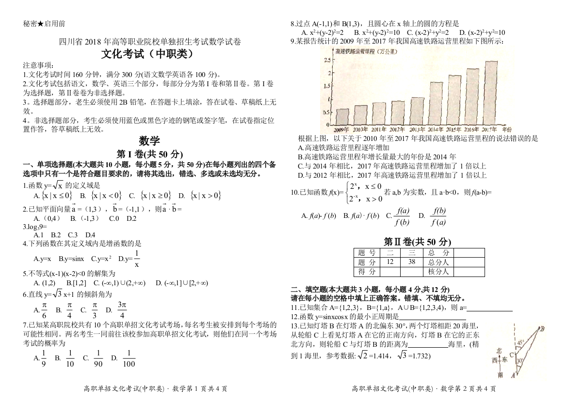 (完整word)四川省2018年高等职业院校单独招生考试数学试卷及参考答案