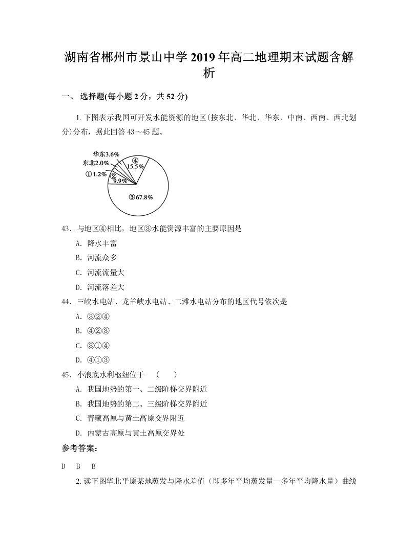 湖南省郴州市景山中学2019年高二地理期末试题含解析