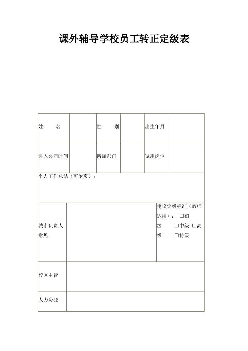 课外辅导学校员工转正定级表