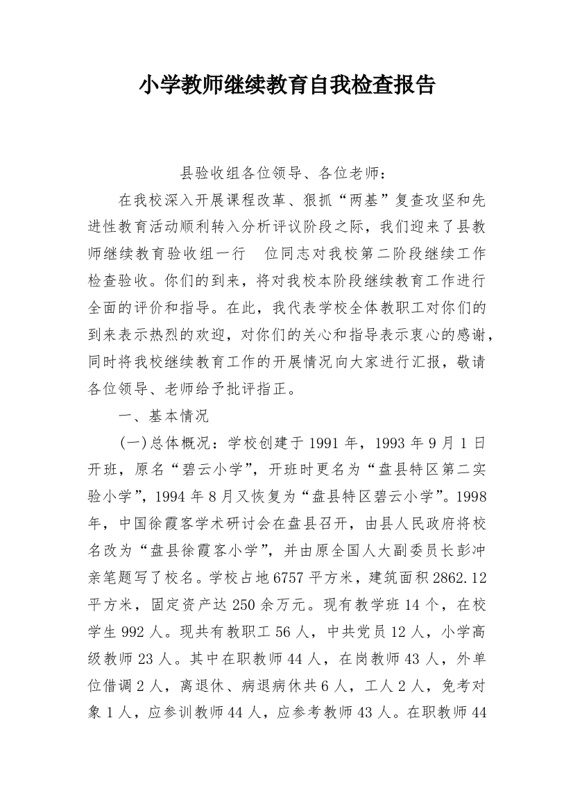 小学教师继续教育自我检查报告