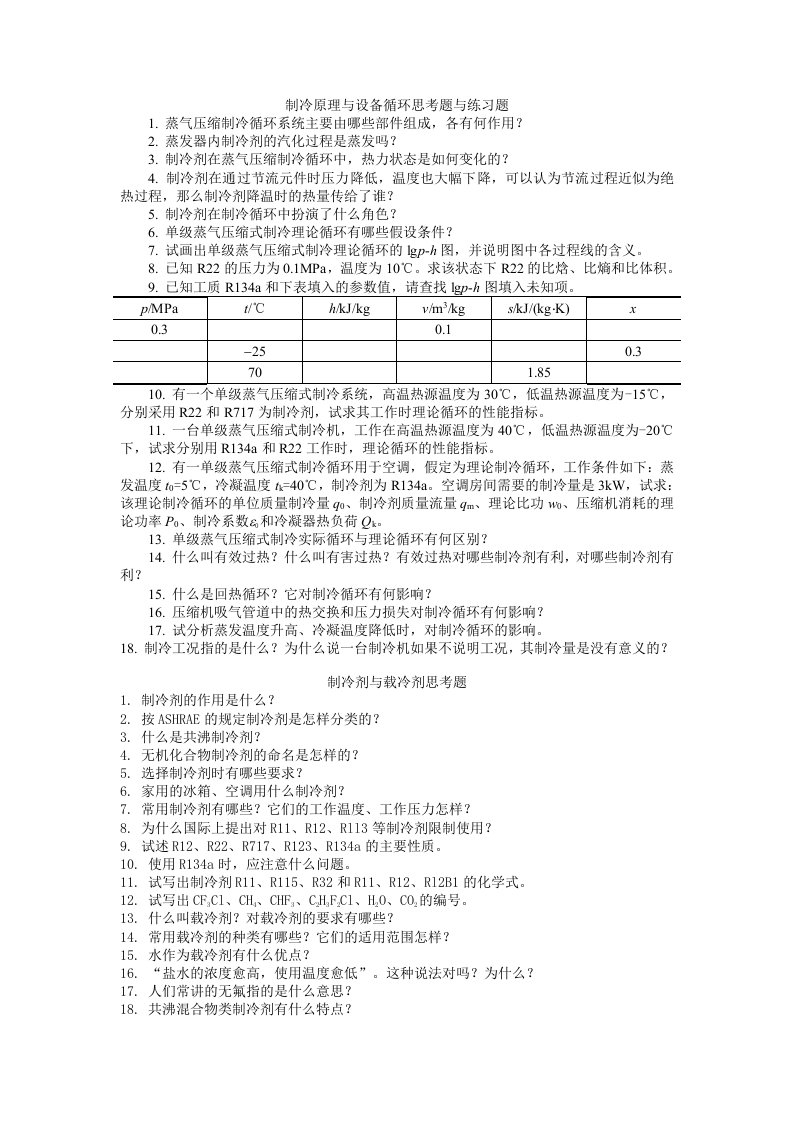 制冷原理与设备循环思考题与练习题