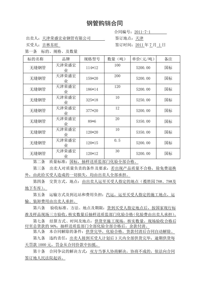 无缝钢管购销合同