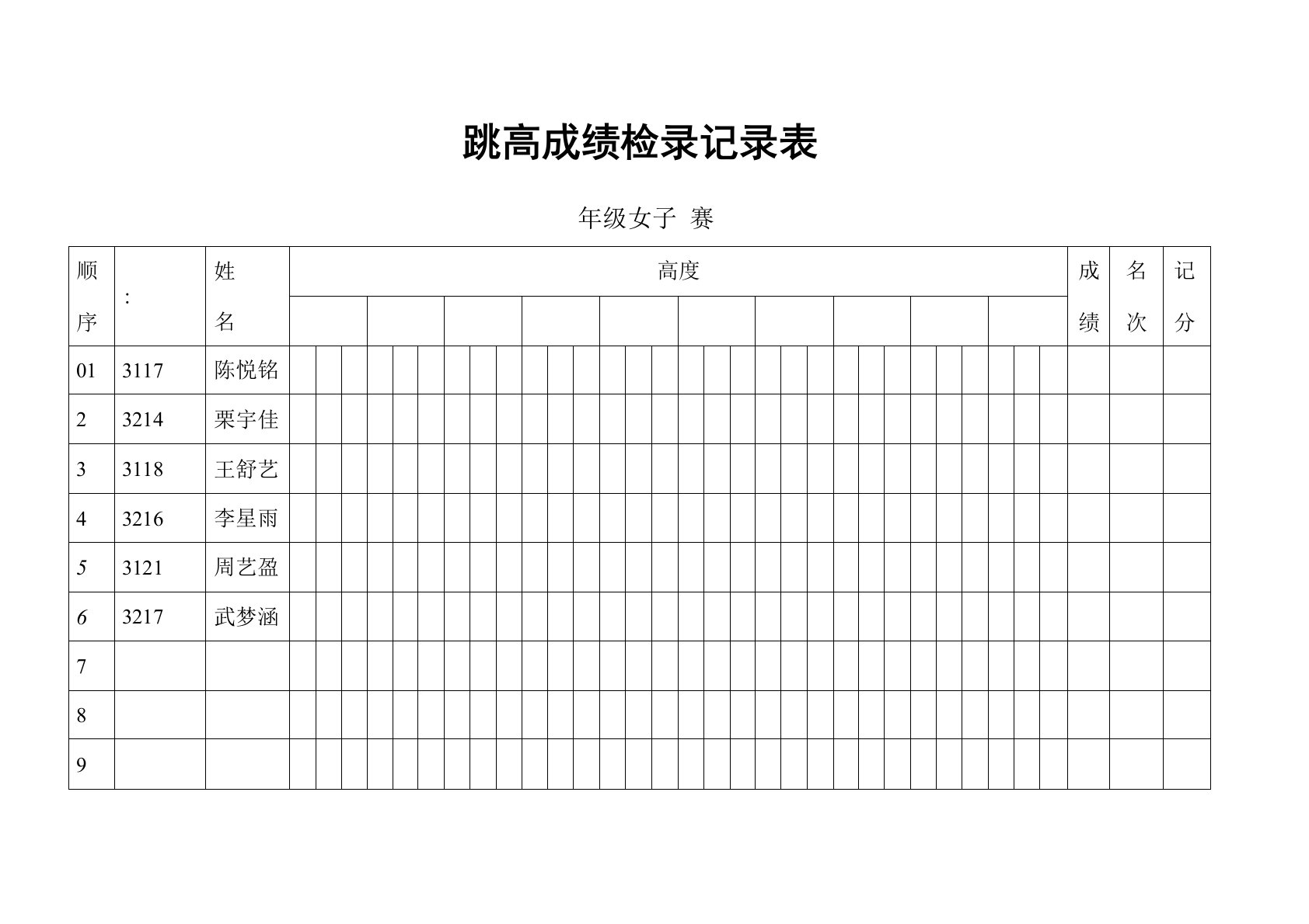 跳高成绩检录记录表