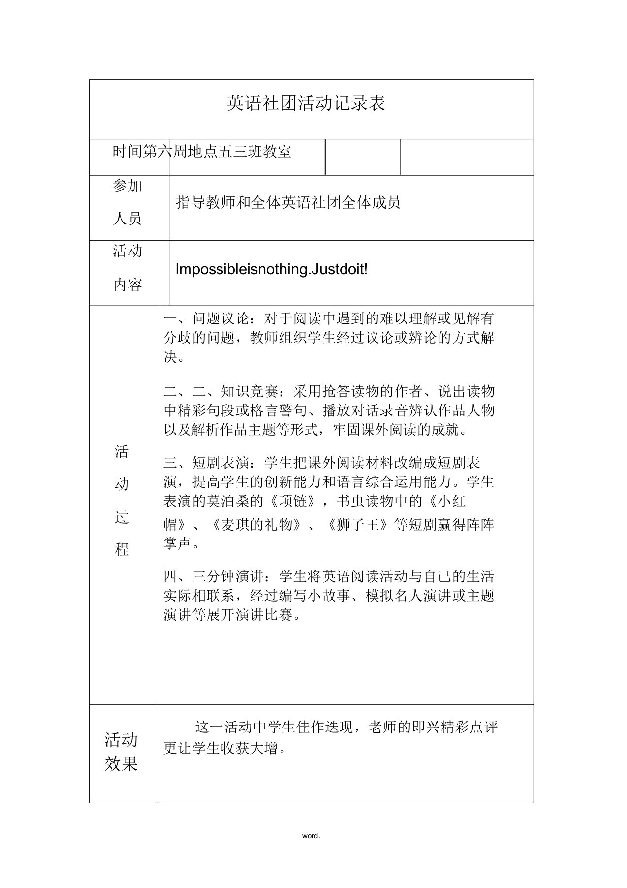 英语社团活动记录表