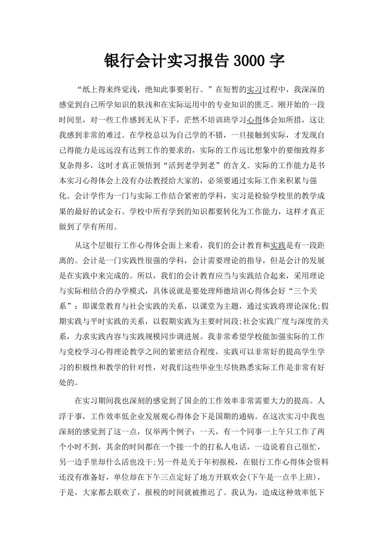 银行会计实习报告范文3000字