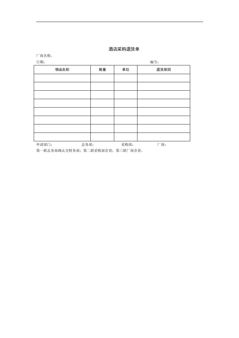 【管理精品】酒店采购退货单