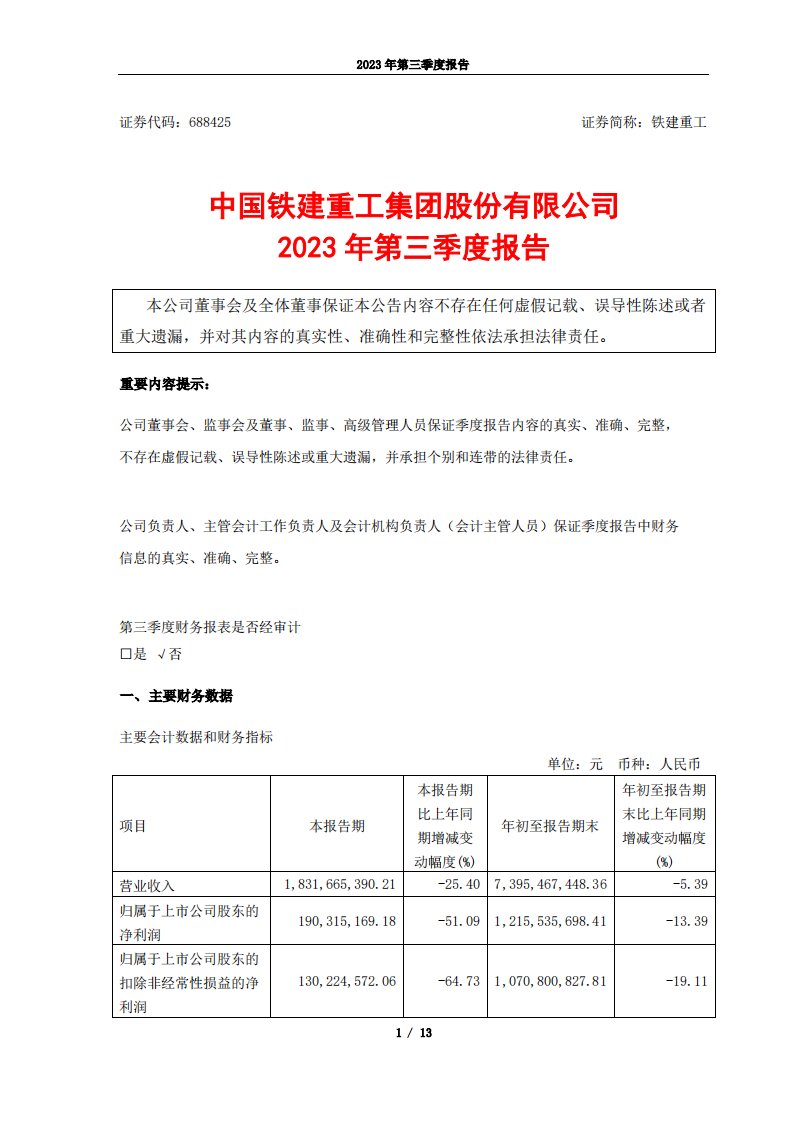 上交所-中国铁建重工集团股份有限公司2023年第三季度报告-20231030