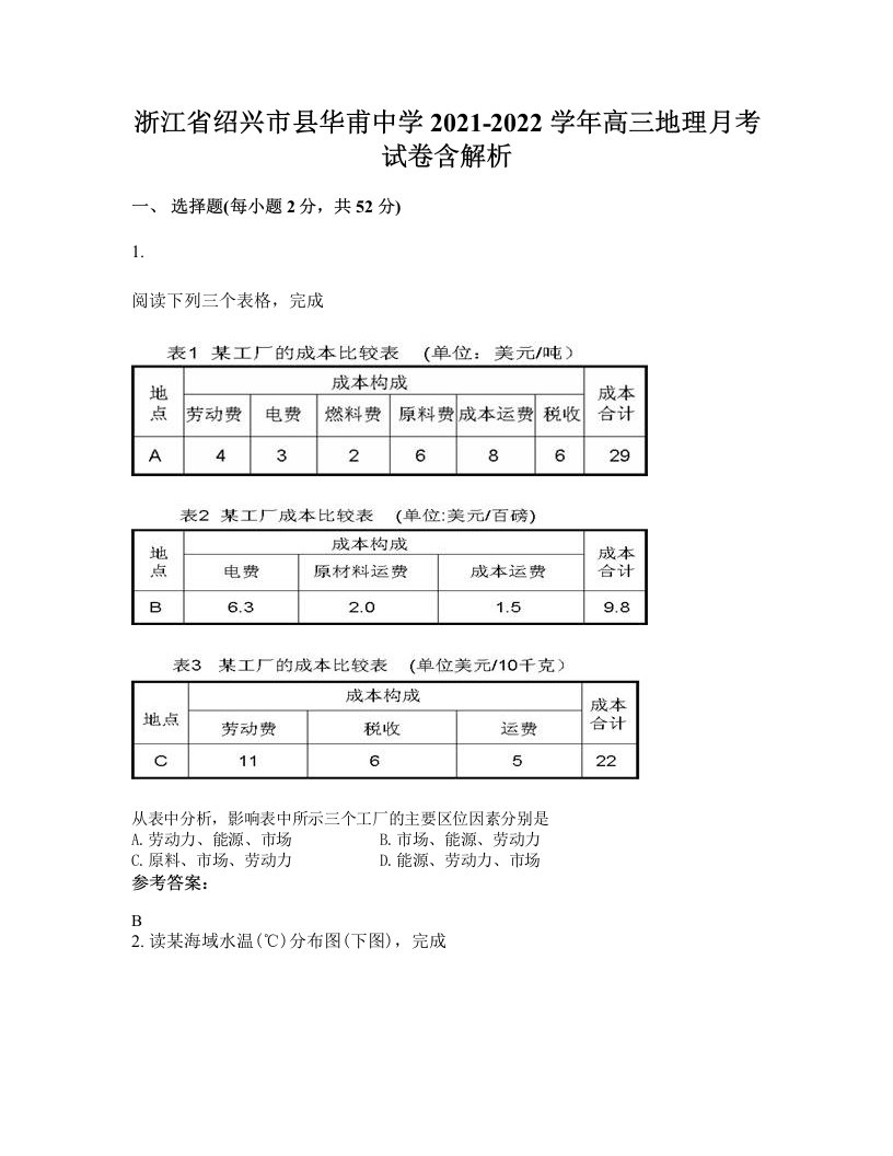 浙江省绍兴市县华甫中学2021-2022学年高三地理月考试卷含解析