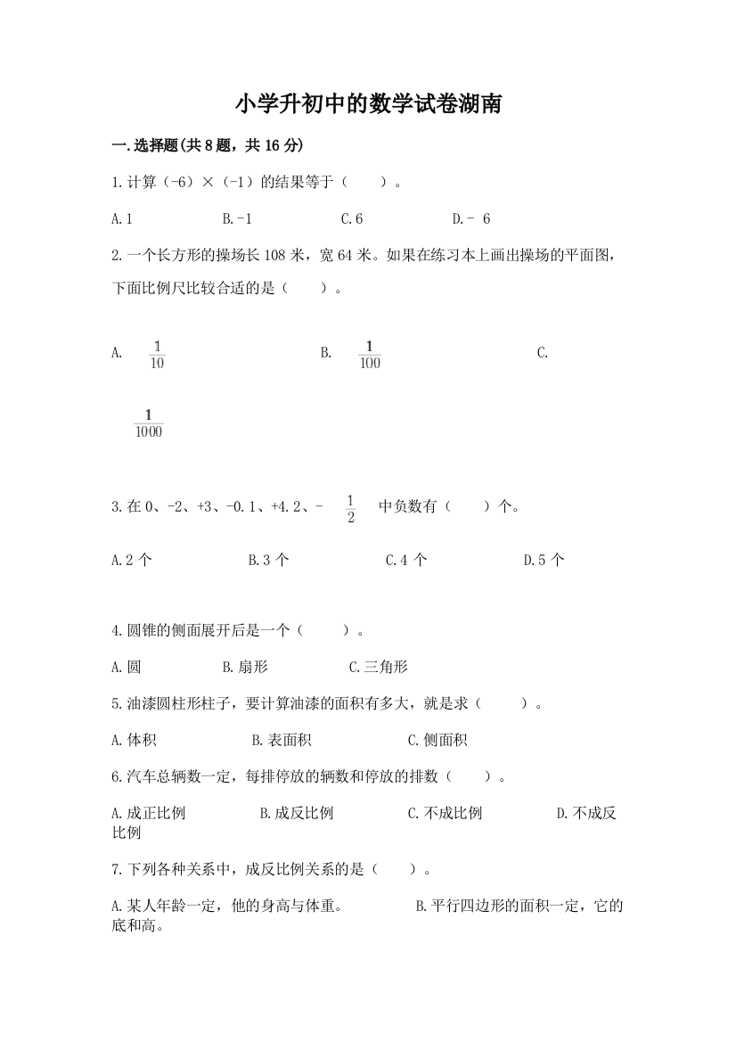 小学升初中的数学试卷湖南（名师推荐）