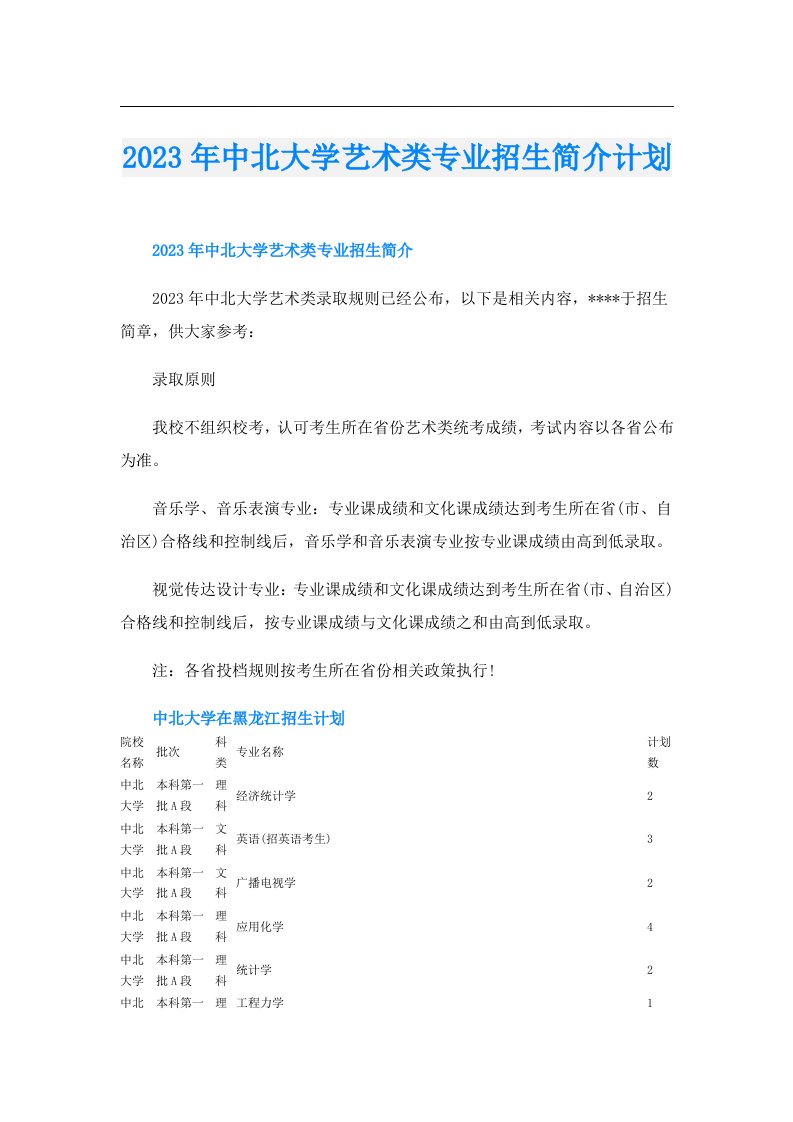 中北大学艺术类专业招生简介计划