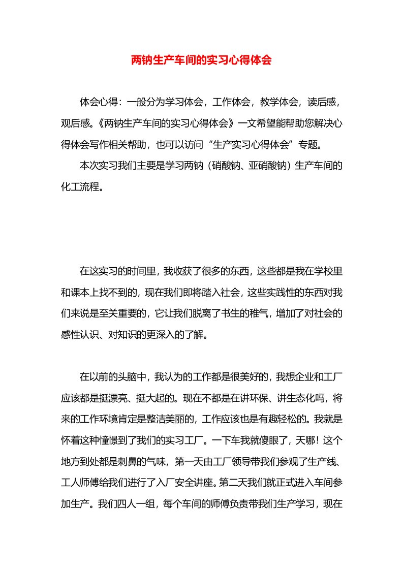 两钠生产车间的实习心得体会