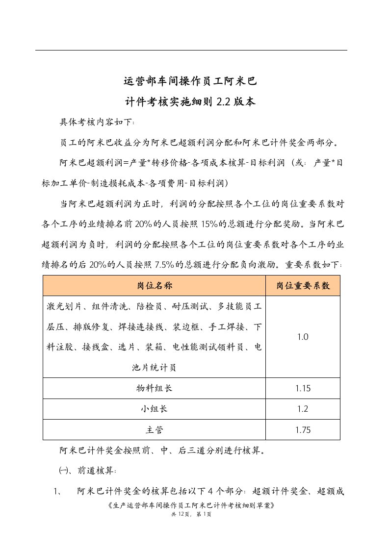 运营部阿米巴计件考核实施细则