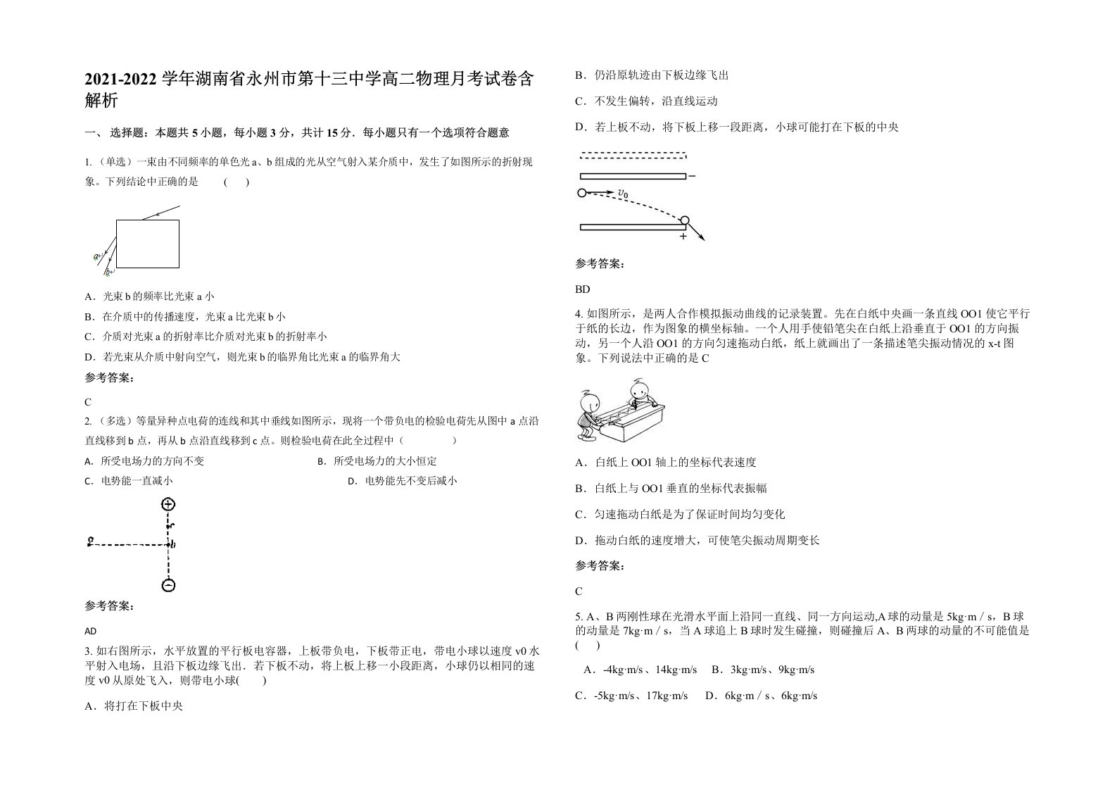 2021-2022学年湖南省永州市第十三中学高二物理月考试卷含解析