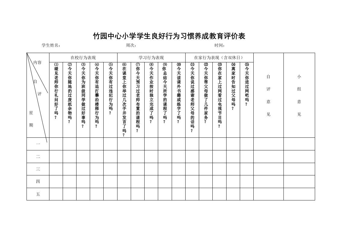 小学生良好行为习惯养成教育评价表