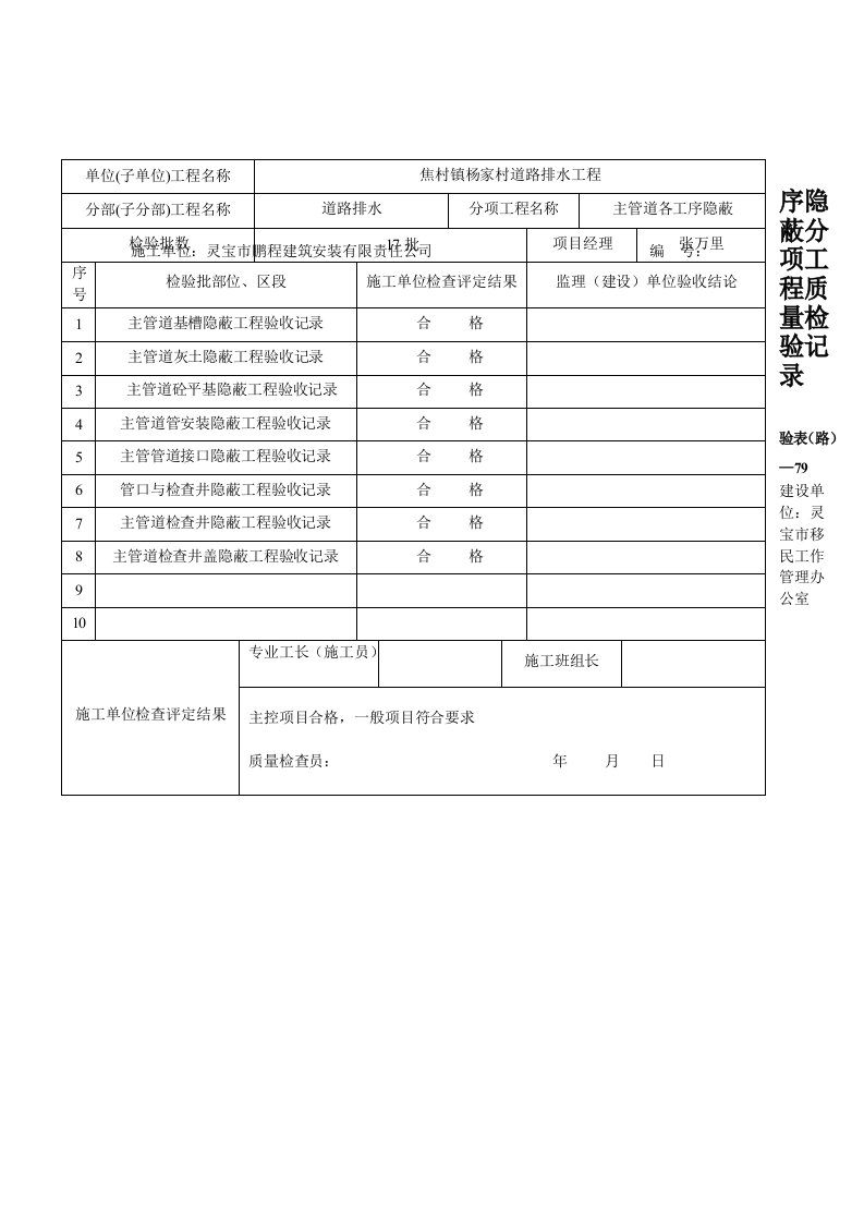 农村道路分项工程质量检验记录