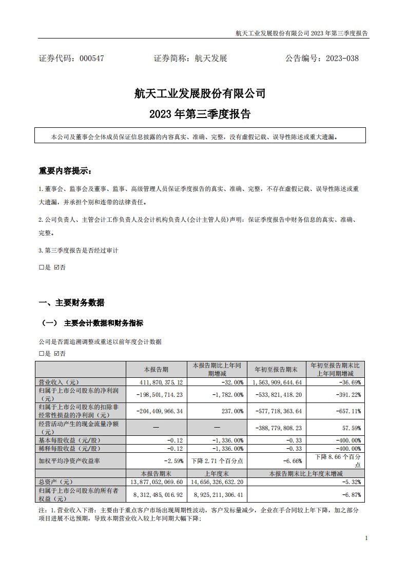 深交所-航天发展：2023年三季度报告-20231031