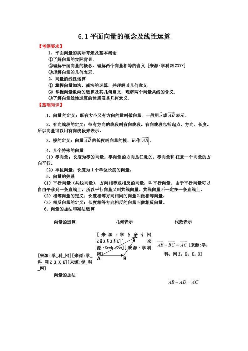 2012届高三数学一轮复习基础导航：6.1平面向量的概念及线性运算