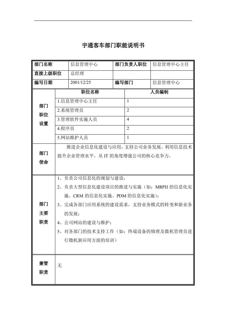 【管理精品】部门职能说明书-信息管理中心