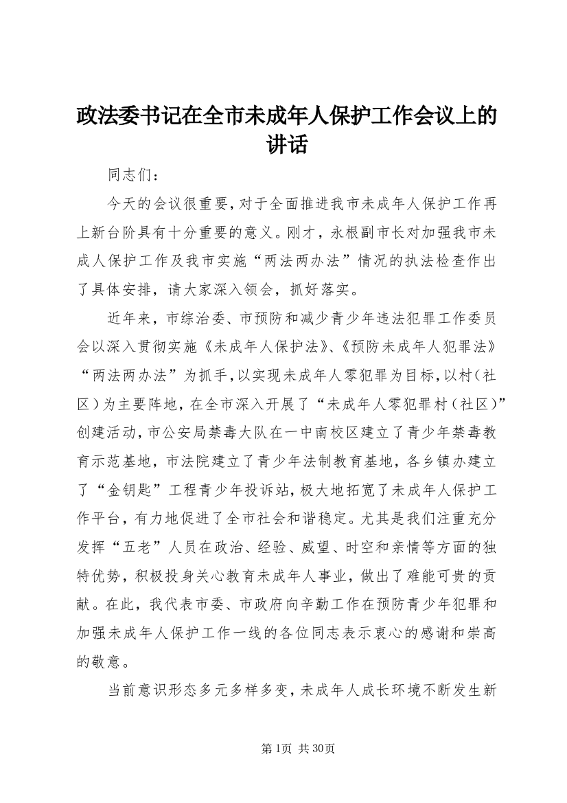 政法委书记在全市未成年人保护工作会议上的讲话