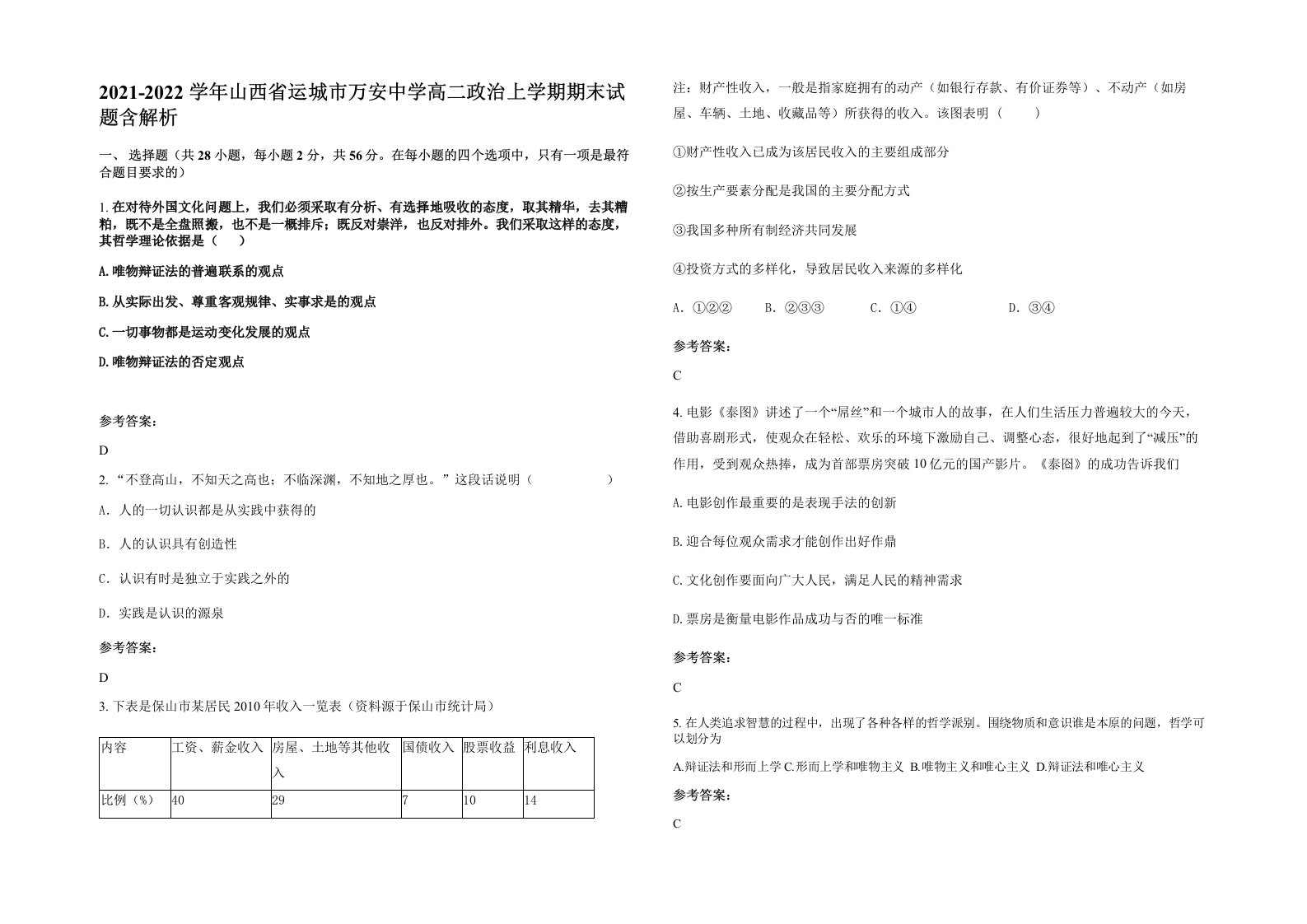 2021-2022学年山西省运城市万安中学高二政治上学期期末试题含解析