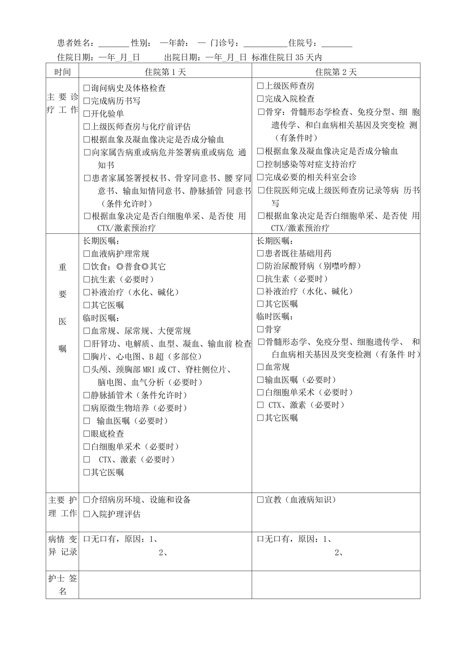 成人Ph+急性淋巴细胞白血病临床路径治疗记录登记表