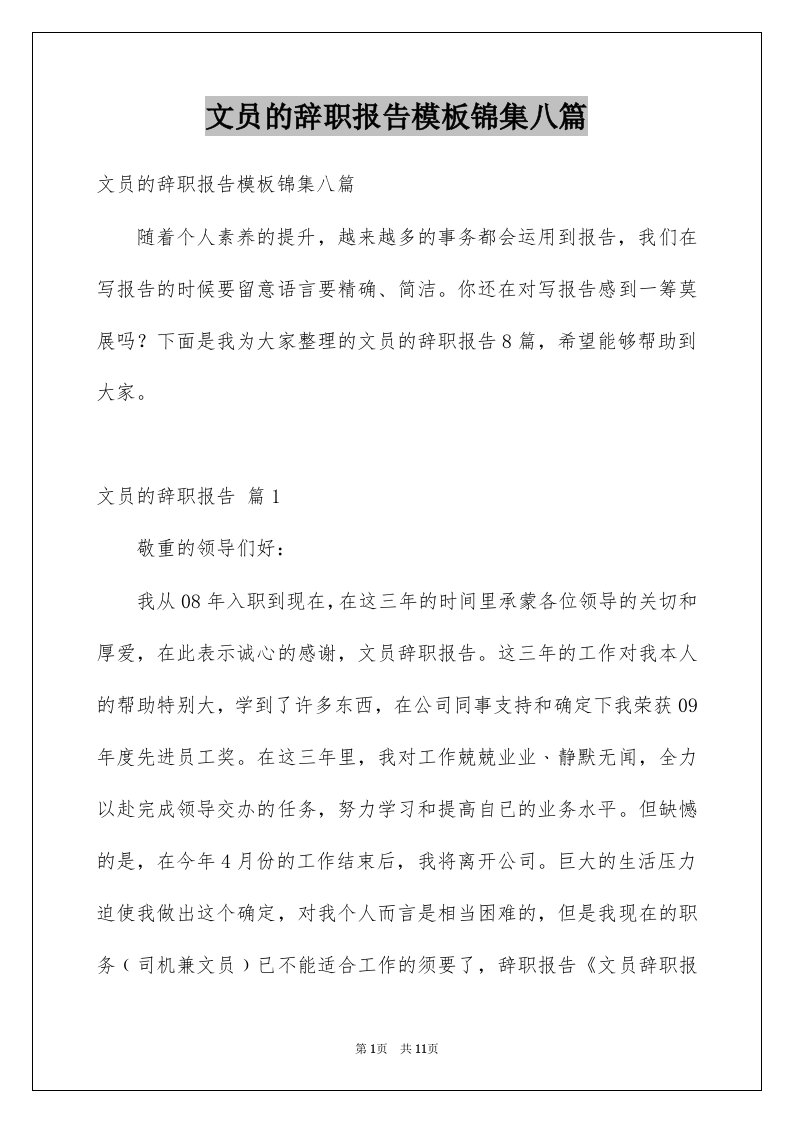 文员的辞职报告模板锦集八篇