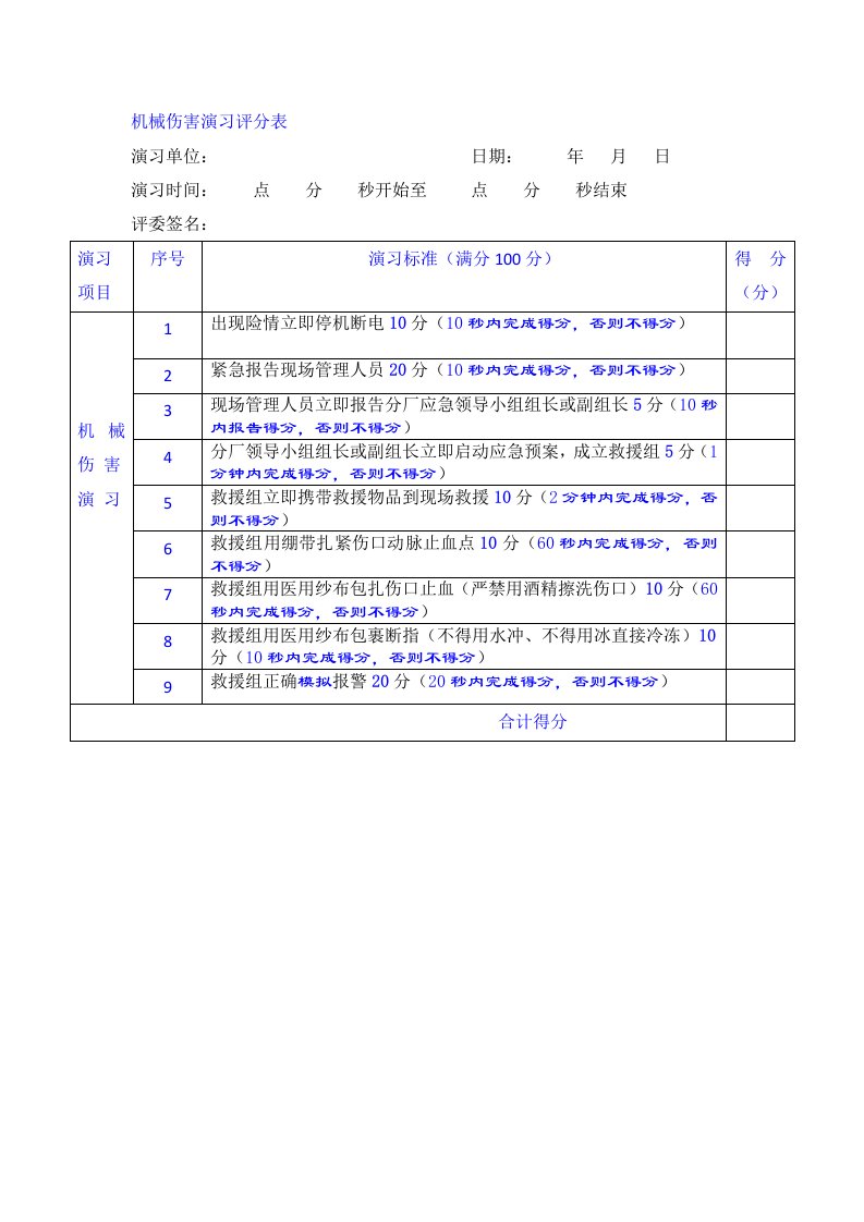 机械伤害演习评分表