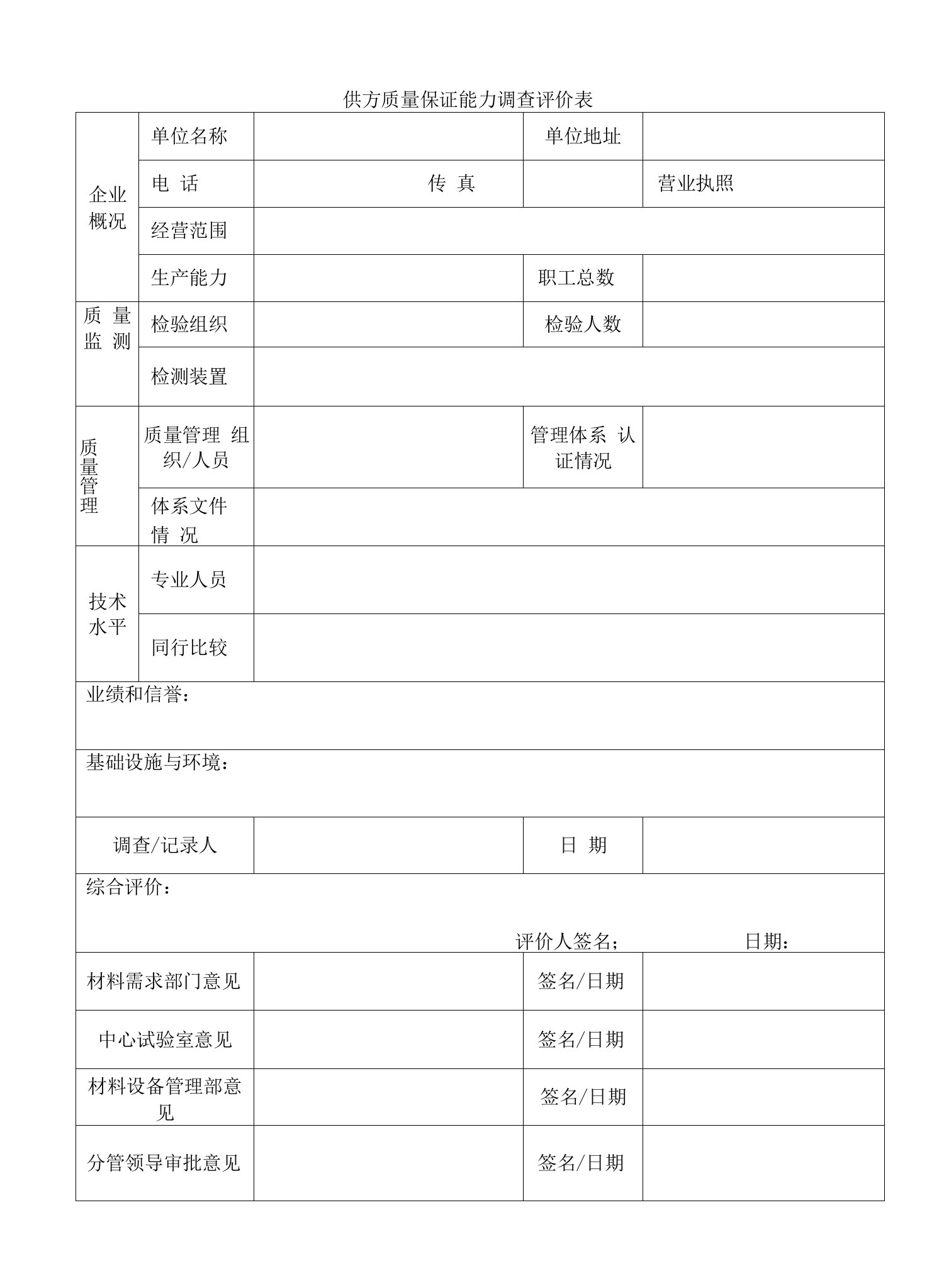 供方质量保证能力调查评价表