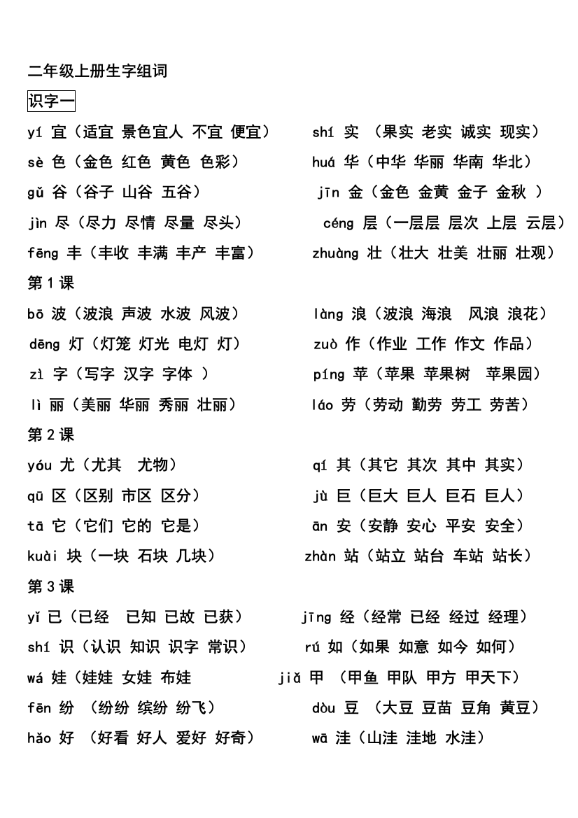 二年级上册语文我会写的生字词语资料