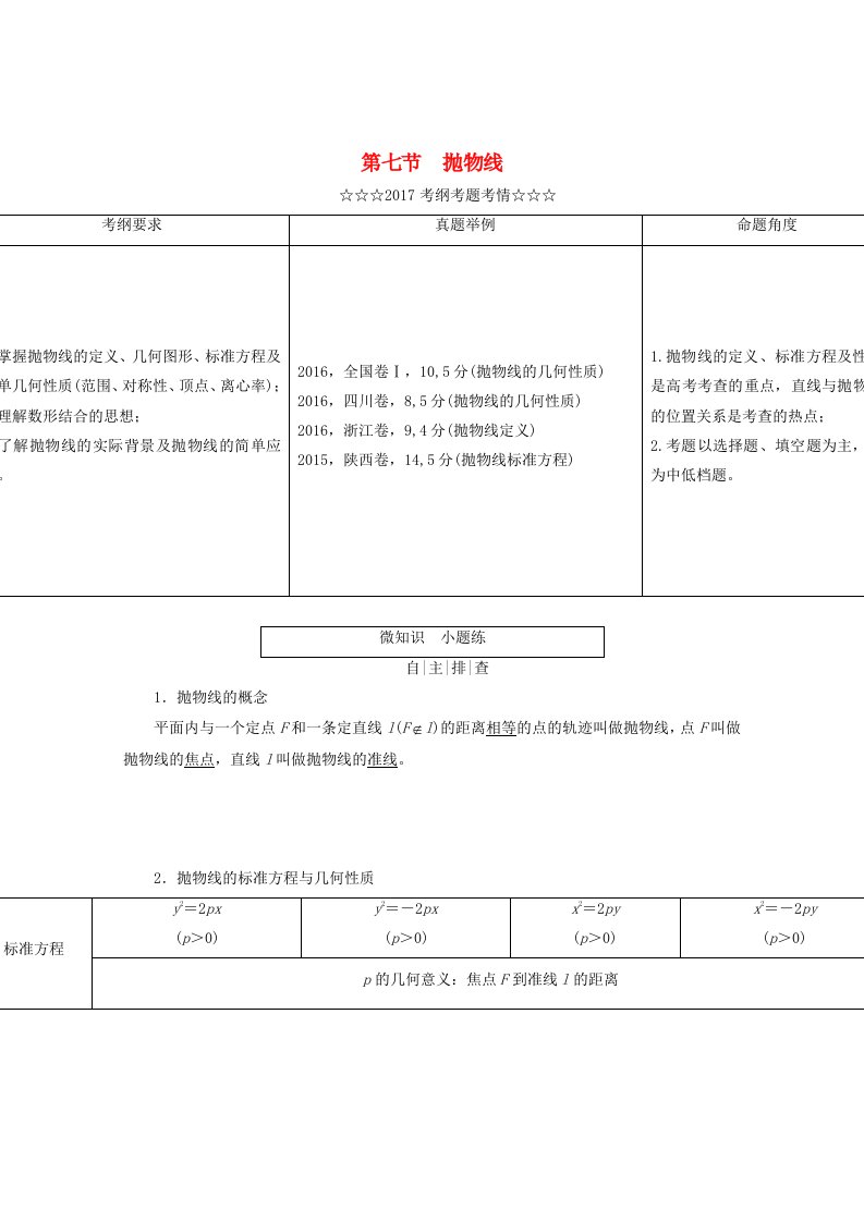 高考数学大一轮复习第八章解析几何第七节抛物线教师用书理