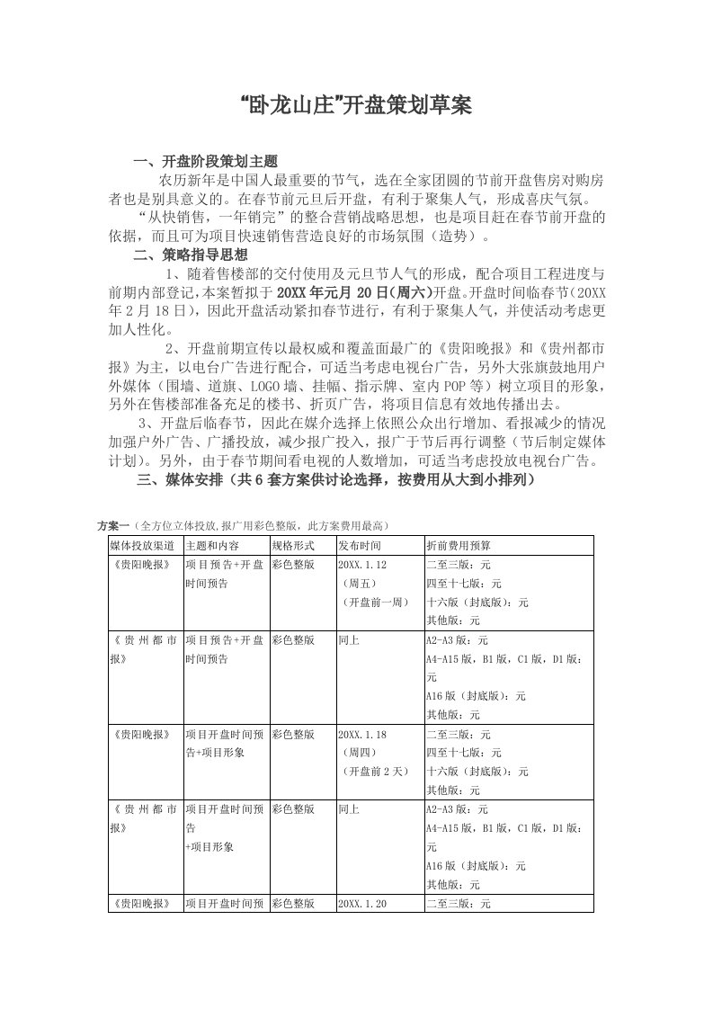 卧龙山庄开盘策划方案