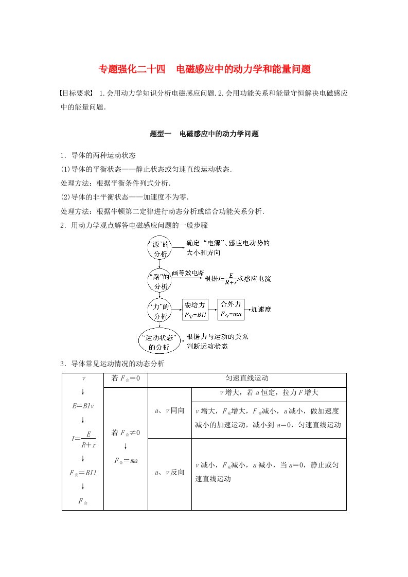 新教材2024届高考物理一轮复习学案第十二章电磁感应专题强化二十四电磁感应中的动力学和能量问题鲁科版