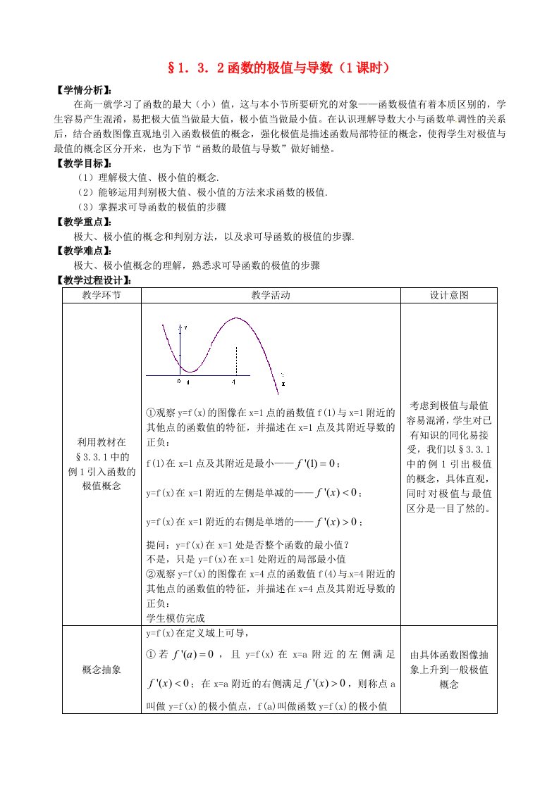 湖北省恩施巴东县第一高级中学高中数学3.2函数的极值与导数教案新人教版选修1-1通用