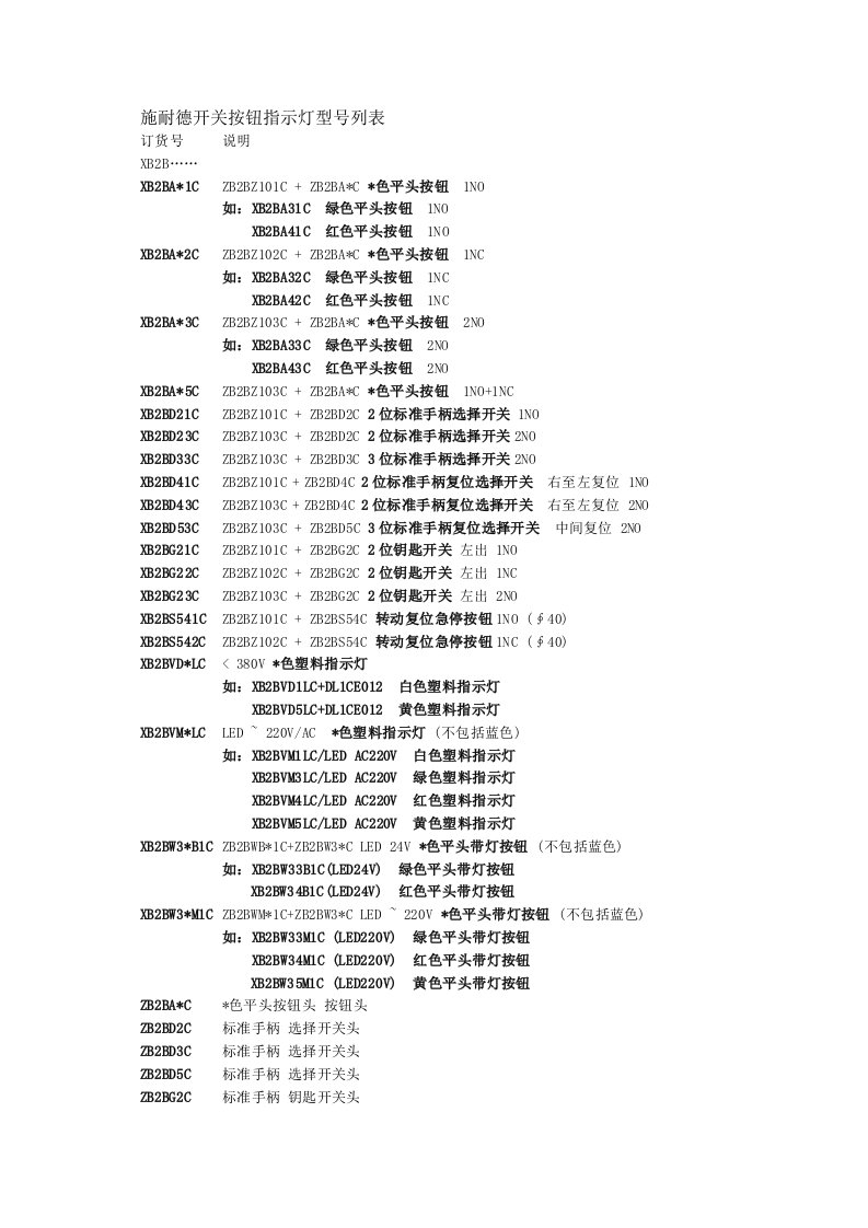 施耐德开关按钮指示灯型号列表