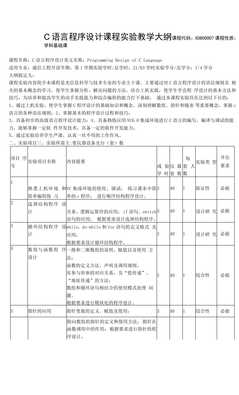 C语言程序设计课程实验教学大纲