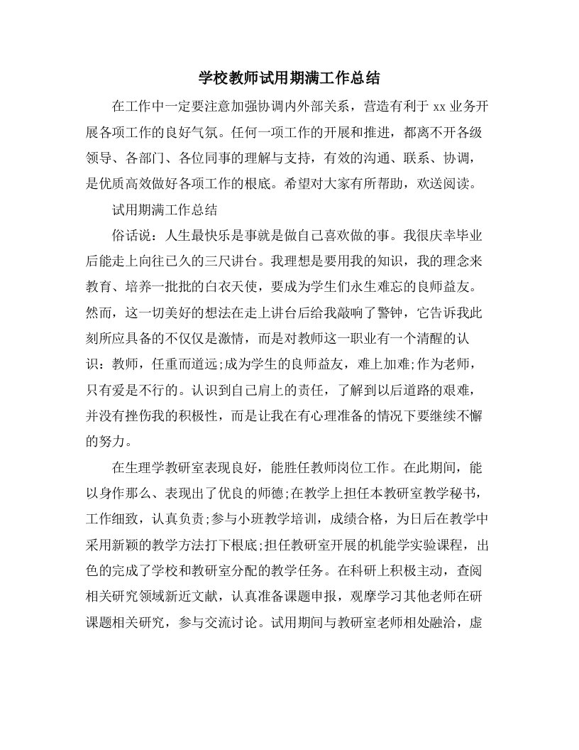 学校教师试用期满工作总结