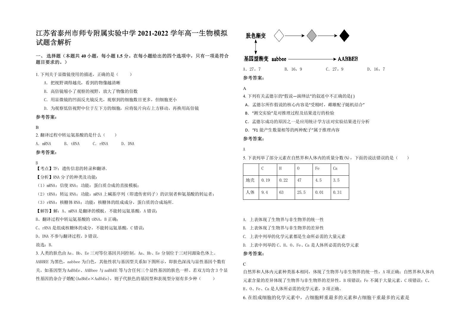 江苏省泰州市师专附属实验中学2021-2022学年高一生物模拟试题含解析