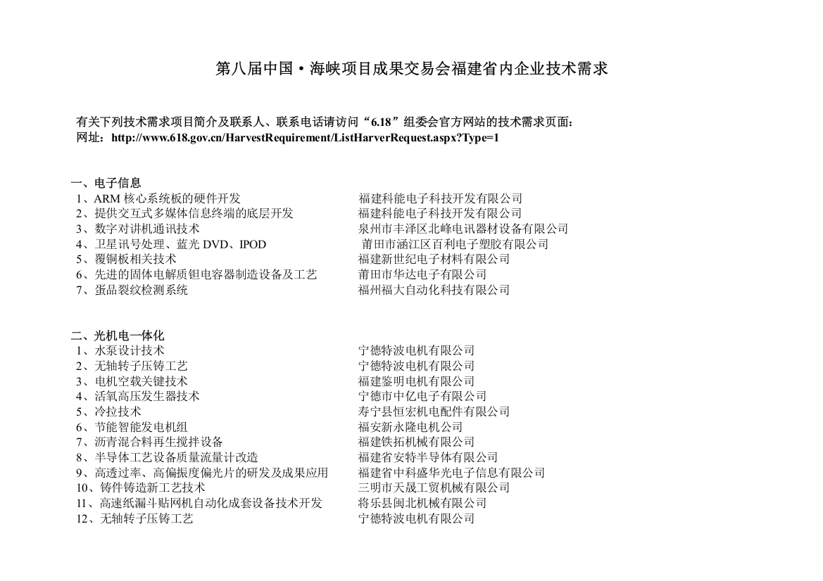 第八届中国海峡项目成果交易会福建省内企业技术需求