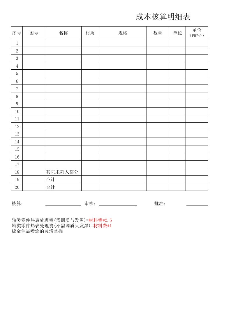 成本核算明细表及汇总表